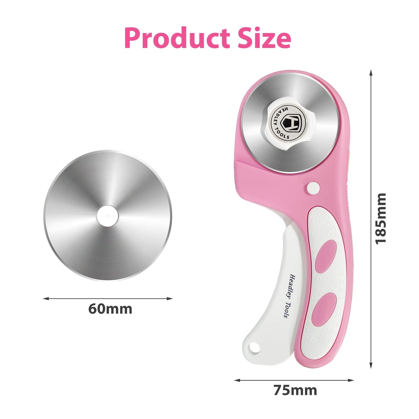 Headley Tools Rotary Cutter 60mm Upgraded with Bearing Design for Smoother and deeper cutting, Ergonomic Handle Rolling Cutter with Safety Lock for Fabric, Fabric, Leather, Crafting, Sewing, Pink