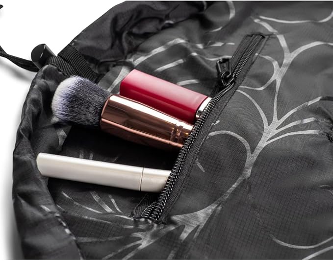 Lay-n-Go Cosmo Layflat Cosmetic & Makeup Bag Organizer - Portable Drawstring Bag w/Zipper Pocket, Brush Storage Loops & More - Durable, Machine Washable Toiletry Bag for Travel (22", Black)