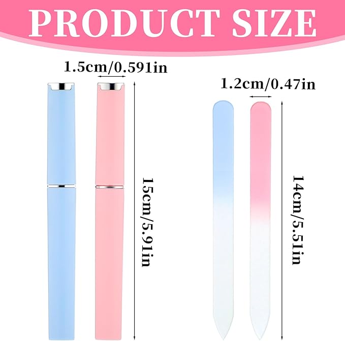 2 Pack Glass Nail Files for Natural Nails, Crystal Nail File with Case, Double Sided Glass Files for Nails (Pink+Blue)