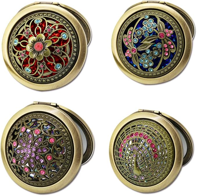 Rich Boxer 4 Pcs Vintage Foldable Mirror Metal Vanity Mirror Travel Mirror Makeup Mirror Pocket Mirror Double Sided Compact Cosmetic Mirror, Bronze, Random Style