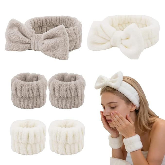 Casoty 6PCS Spa Headband and Wristbands Set,Soft Microfiber Makeup Headband with Bow & Absorbent Wrist Bands,Skincare Hair bands for Women Girls Face Washing Yoga Makeup Self-Care Gifts Ã¯Â»Â¿