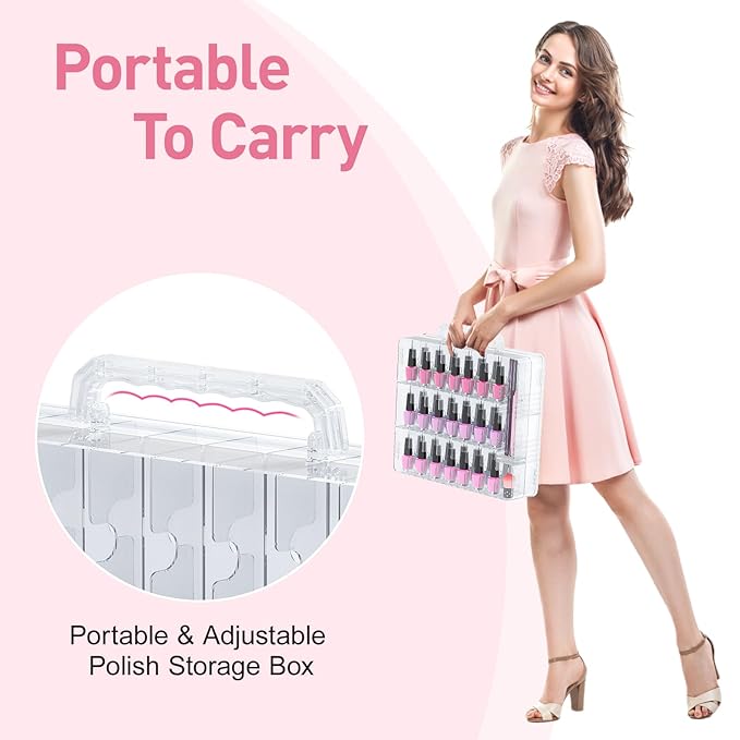 Beloving 2pcs Nail Polish Organizer, Portable 48 Bottles Clear Nail Polish Holder with Adjustable Divider, Gel Nail Polish Storage Double Side Nail Polish Organizer Case for Nail Tech