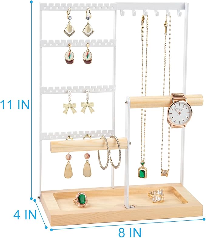 Jewelry Organizer Stand, Jewelry Holder, Lengnoy 4 Tier Earring Holder with 48 Holes and 6 Hooks Necklace Organizer Wood Box for Necklace Bracelet Earring Ring, White