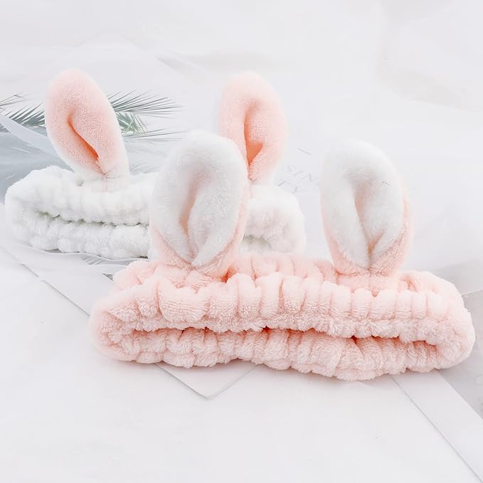 YISSION Cute Bunny Ear Spa Headband for Women and Girls - Soft Plush Makeup Headband for Face Washing, Skincare, Shower, Easter Party Favors (2 Pack, White & Pink)