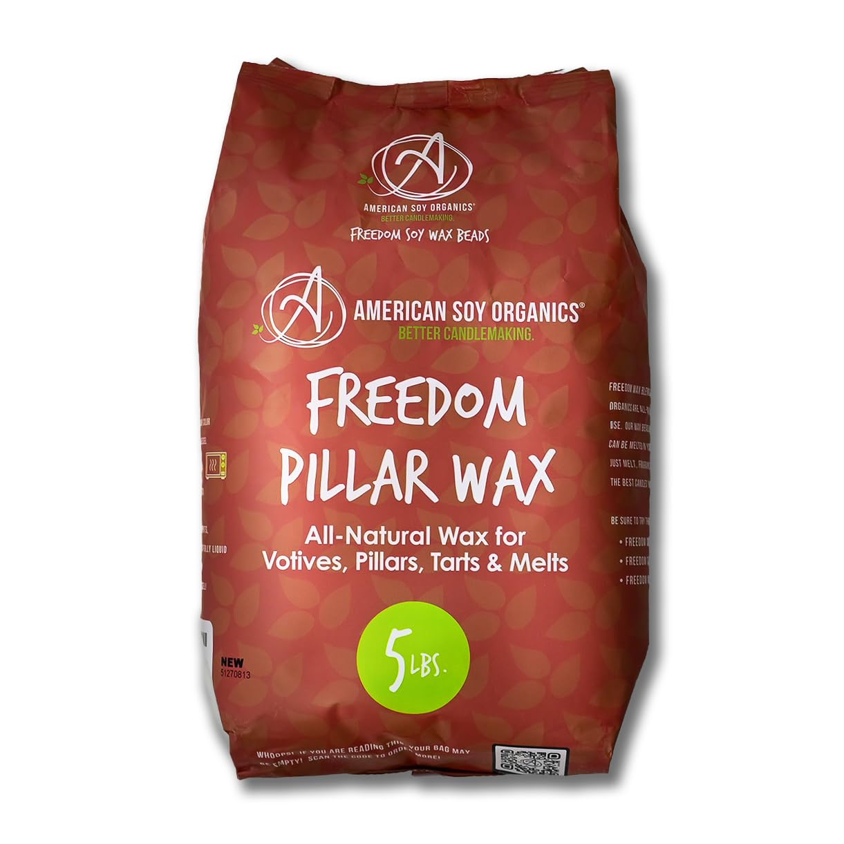 American Soy Organics Freedom Soy Wax Beads for Pillar Candle Making - Natural Supplies - Paraffin-Free, Beeswax-Free Wax for Votives, Pillars, Tarts, Tealights and Melts 5 lb