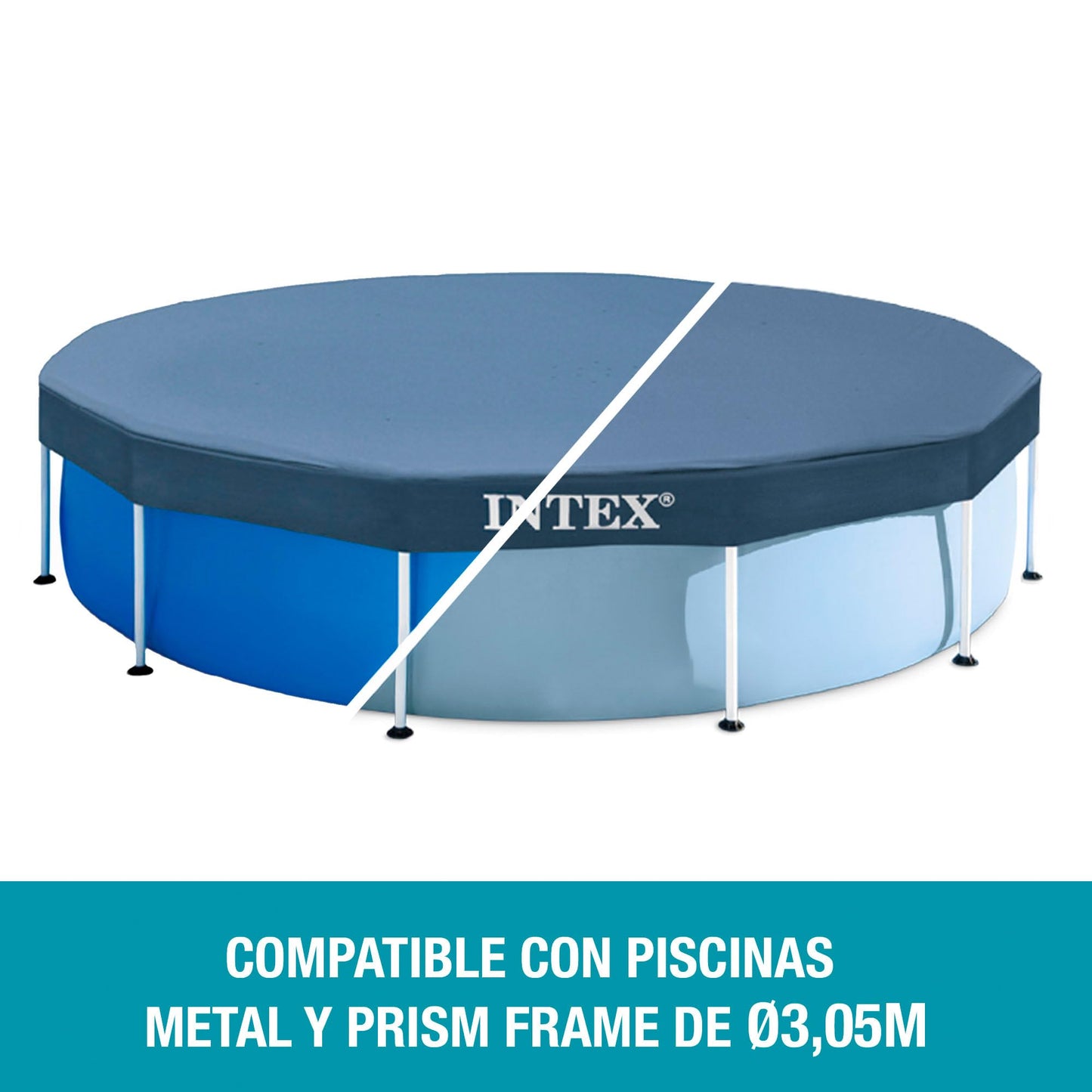 INTEX 28030E Pool Cover: For 10ft Round Metal Frame Pools – Includes Rope Tie – Drain Holes – 10in Overhang – Snug Fit
