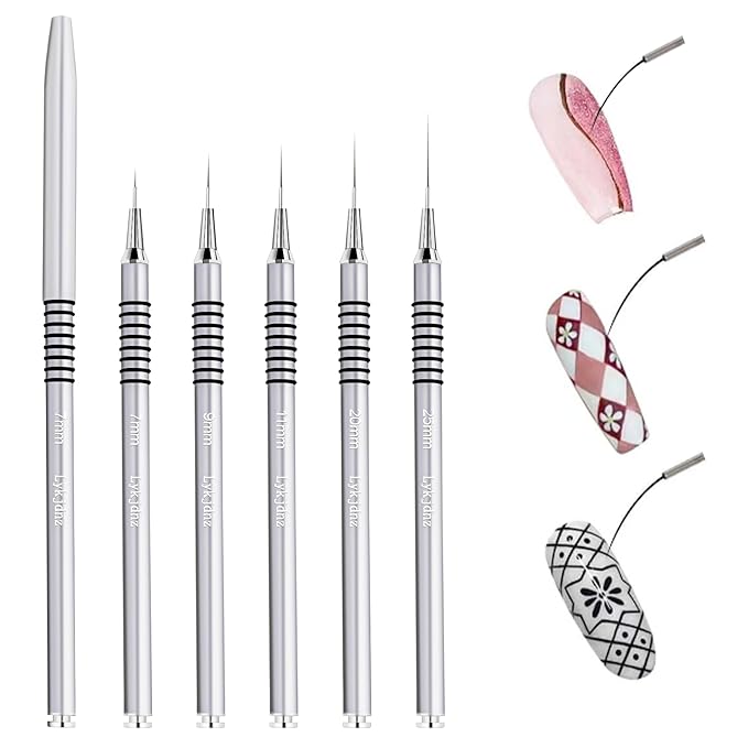 5pcs Nail Art Liner Brushes,Liner Brush Set,Liner Brush For Nails Gel,Painting Art Design Brush Set Nail Dotting Drawing Tool For Long Lines, Thin Details, Fine Drawing Sizes 7/9/11/20/25mm (Silver)