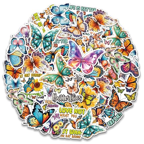 Butterfly Stickers 50 Pieces Vinyl Waterproof Decal for Laptop Water Bottle Phone Car Window Bike Motorcycle Stakeboard Scrapbook Butterflies Sticker Gifts for Kid Teen Adult