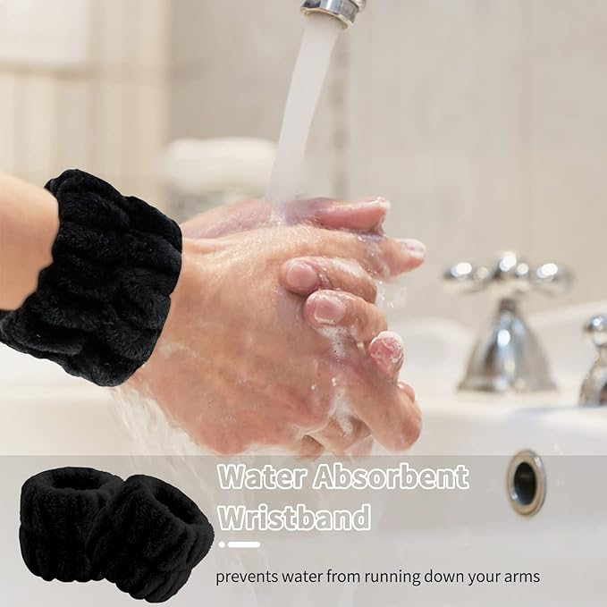 WHAVEL 3PCS Spa Headband and Wristband Set, Cute Cat Ears Headband for Washing Face Makeup Head band(Black)