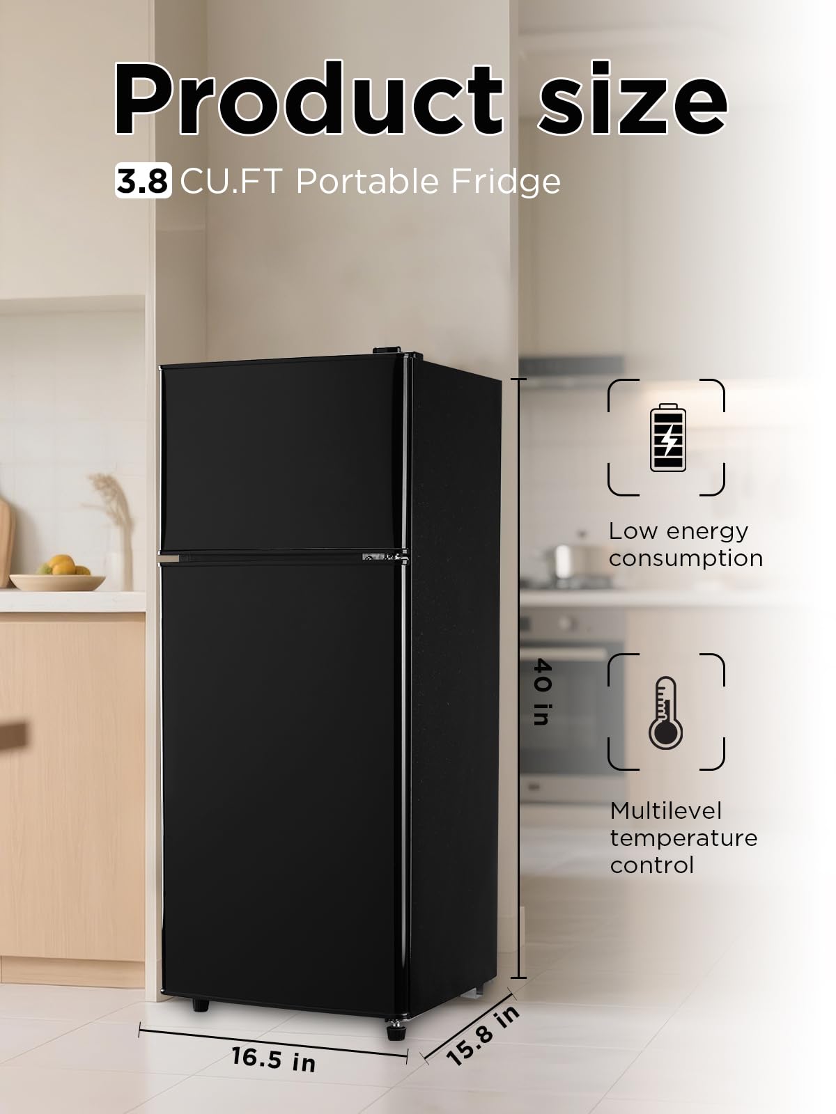 F.W.WOOLWORTHS 3.8 Cu.Ft Refrigerator with Freezer, 2 Doors Fridge with Adjustable Thermostat Control, Refrigerator for Kitchen, Dorm, Apartment, Garage, Office, Black