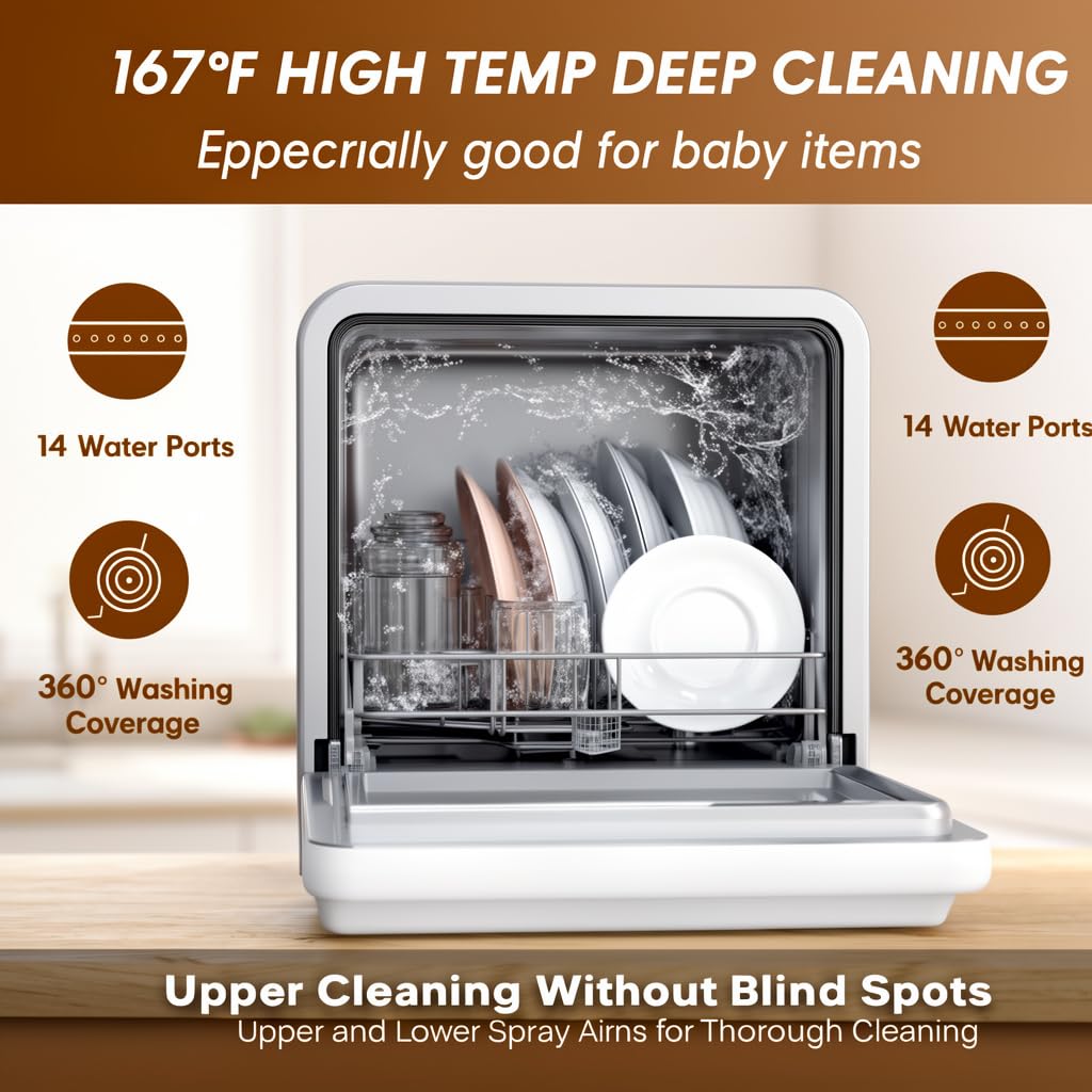 MOMOKOVA Portable Countertop Dishwasher with 5L Built-in Water Tank,Upgraded 7 Program & 24H Delayed Wash,360° Dual Spray, 167℉ High-Temp & No Hookup Needed for Home,white (white)