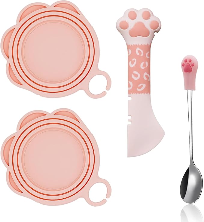 SJANE 4 Pcs Cat Food Can Spoon & Can Covers | Cute Paw Silicone Pet Food Opener Spatula & Lids | Stainless Steel Wet Food Spoon for Cats and Dogs(Pink)