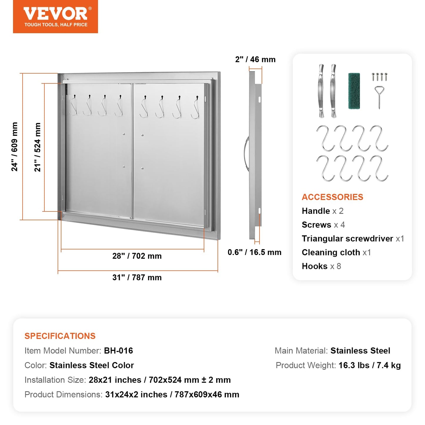VEVOR Outdoor Kitchen Double Wall BBQ Access Door, 31W x 24H Inch Stainless Steel Flush Mount Door with Handles and Hooks for Grilling Station