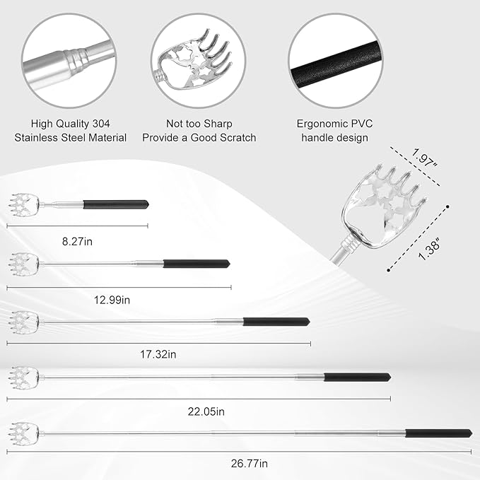 XKOS 4 Pack Different Back Scratcher Portable Telescoping with Rubber Handles, Extendable Metal Back Massager Tool with Beautiful Box, Stocking Stuffers for Men Women Adults (Black)