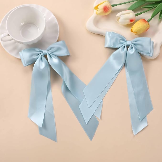 LuSeren 2 PCS Double Layer Hair Bows Light Blue Hair Ribbon Clips Ponytail Holder Accessories for Women Girls Toddlers Teens Kids