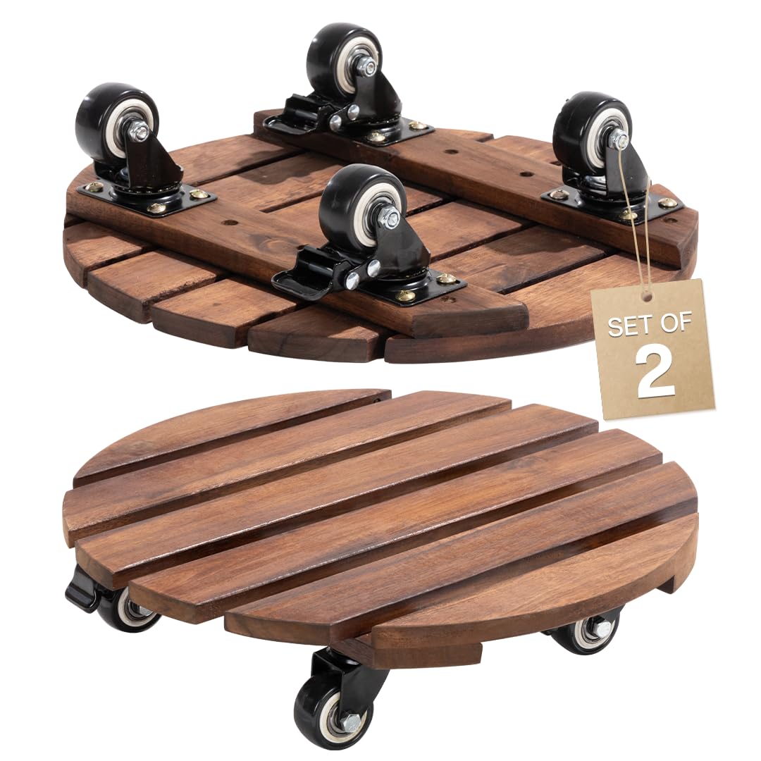 Idzo 2-Pack 14 Inch Acacia Wood Plant Caddy with Wheels â Heavy-Duty Plant Dolly with 264 Lbs Capacity, 360Â° Lockable Wheels for Large Plant Pots, Heavy Objects, Ideal for Indoor and Outdoor Use