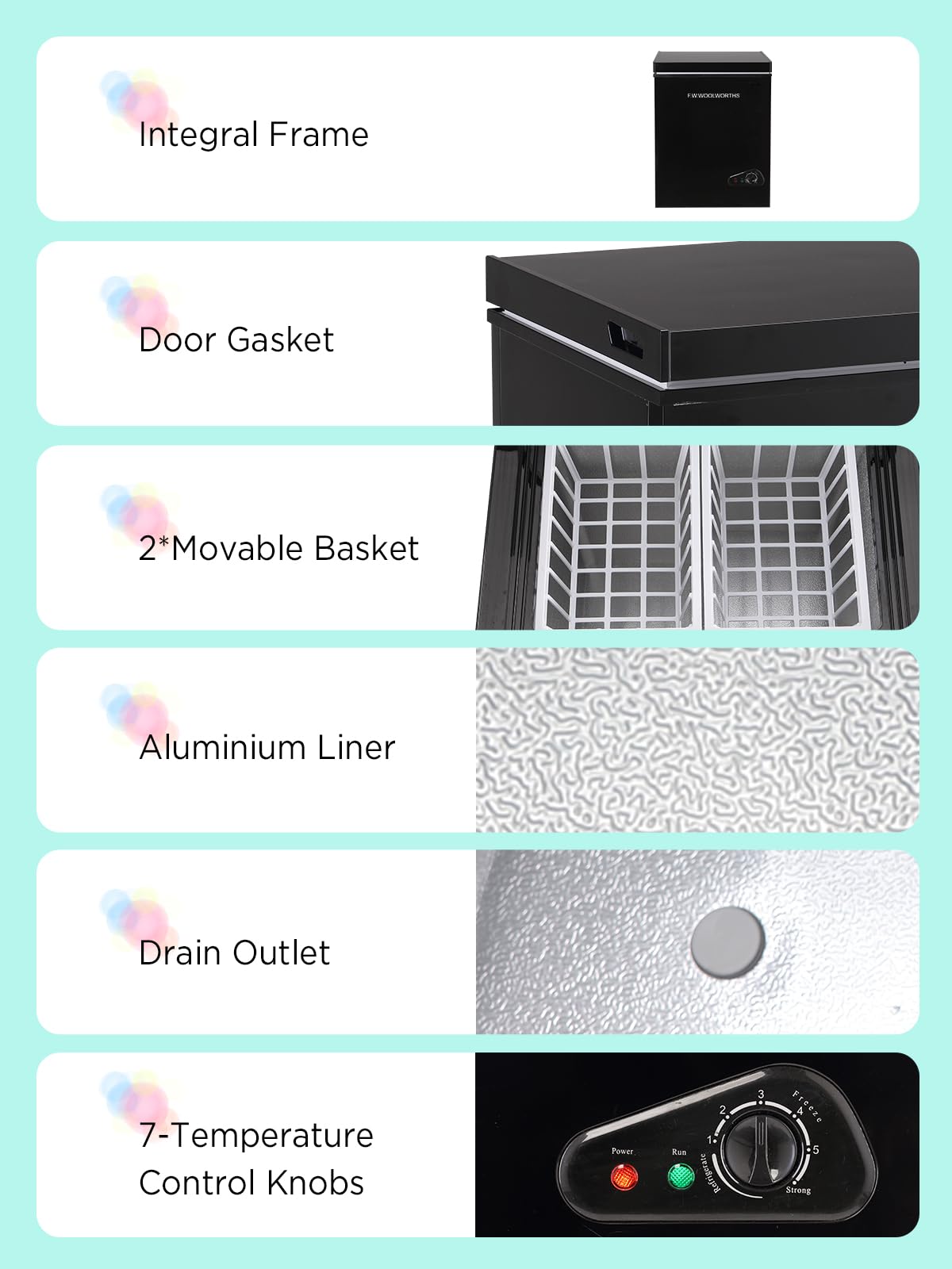 F.W.WOOLWORTHS 7.0 Cu.Ft Chest Freezer 7 Gears Temperature Control, Deep Freezer with Removable Basket, Compact Freezer for Kitchen, Home, Office, Garage, Basement-Black