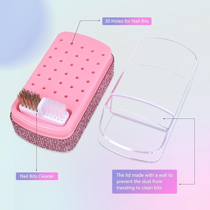 2 in 1 Nail Drill Bits Holder: 30 Holes Nail Bits Organizer Case with Cleaner Brush, Dustproof Efile Nail Tech Bits Storage Container Box Manicure Tools Accessories Display for Salon Home(Only Box)