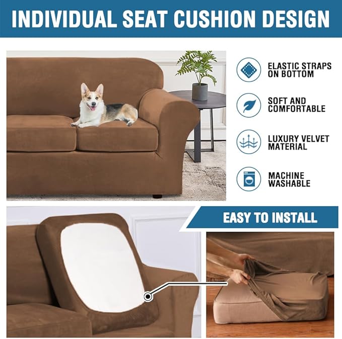 H.VERSAILTEX High Stretch Sofa Slipcover 4 Piece Cover Velvet Furniture Protector Form Fit Thick Velvet Extra Large Sofa Cover for 3 Cushion Couch Width Up to 97 Inch (Large Sofa, Caramel)