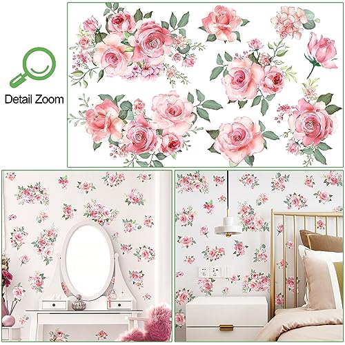 Pink Flowers & Green Leaves Wall Decals - Removable Peel & Stick Garden Floral Wall Stickers for Bedroom & Living Room