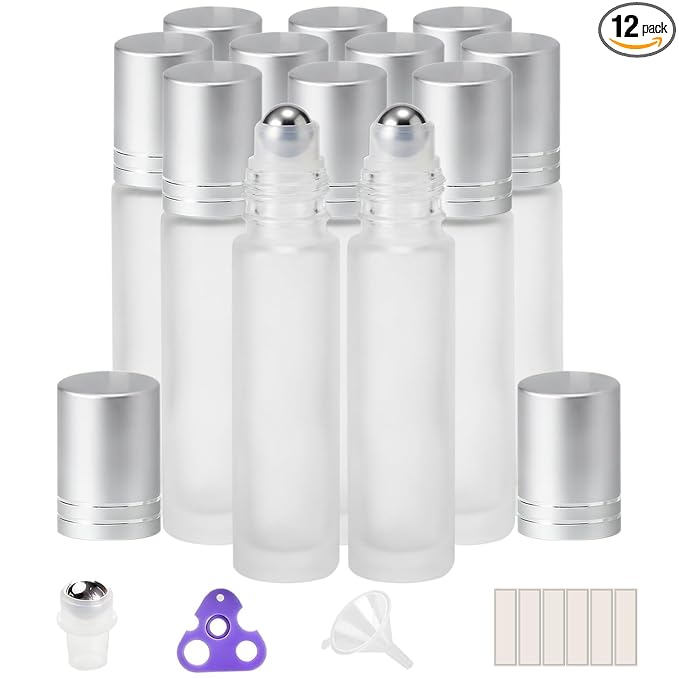 PrettyCare 12 Pack, 10 ml Essential Oil Roller Bottles with Stainless Steel Roller Ball - Refillable Leak-proof Empty Thick Frosted Glass Roll on Bottles with Silver Caps for Travel, Perfume