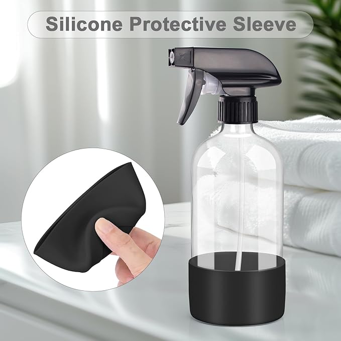 Worldgsb 2 Pack Glass Spray Bottles with Silicone Sleeve, 16 oz Empty Refillable Containers with Adjustable Spray Nozzles, Spray Bottles for Hair, Cleaning Solutions and Plants Black&Grey
