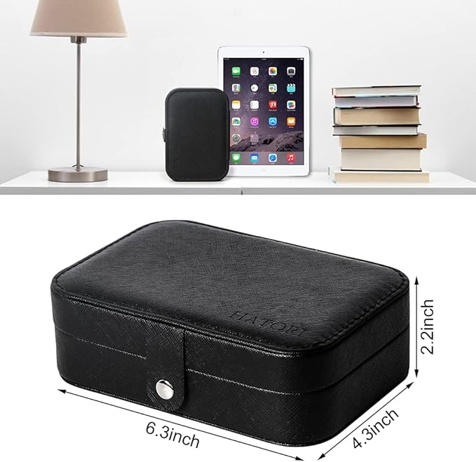 Hatori Travel Jewelry Box, PU Leather Small Jewelry Organizer for Women Girls, Portable Mini Travel Case Display Storage Holder Boxes for Stud Earrings, Rings, Necklaces, Bracelets (Black Beige)