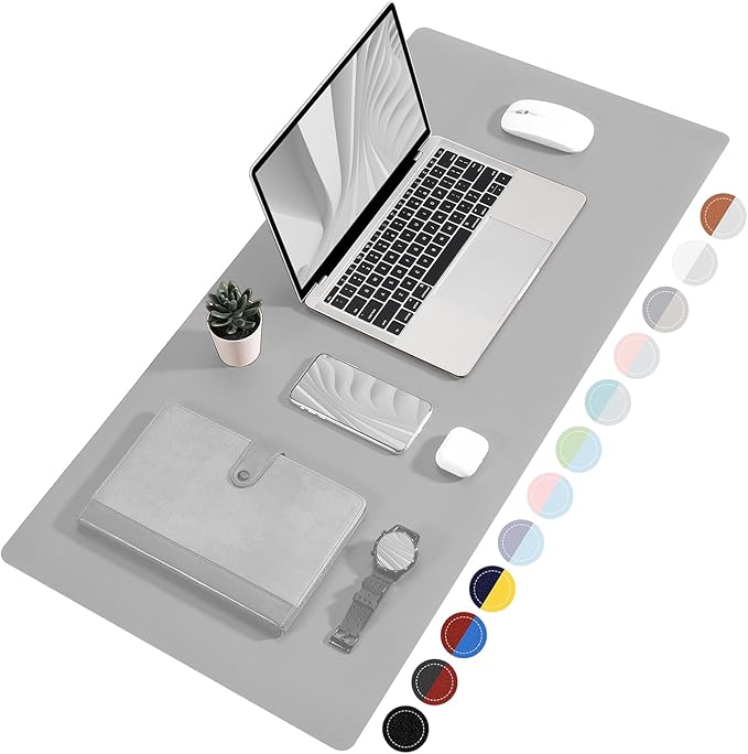 TOWWI Dual Sided Desk Pad, Large Desk Mat, Waterproof Desk Blotter Protector Mouse Pad, Leather Desk Pad Large for Keyboard and Mouse (24" x 14", Gray/Sliver)