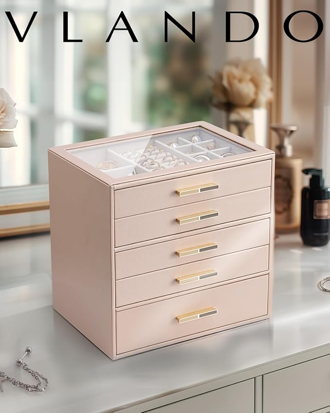 VLANDO 5 Layer Jewelry Box for Women, Glass Lid Jewelry Organizer with 5 Drawers for Necklaces Rings Earrings Bracelets - Toffee