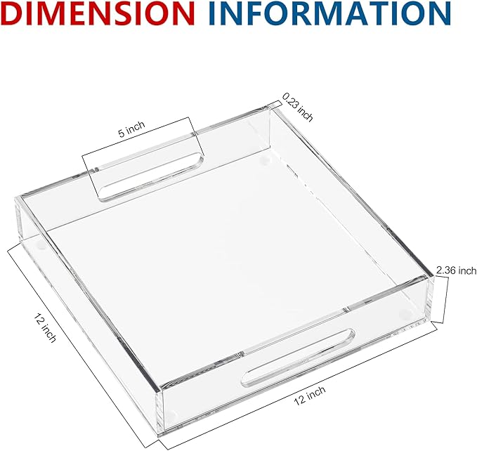 KOTEMON Acrylic Serving Tray with Handles-12x12x2.36Inch-Decorative Tray Letter Tray Organizer for Ottoman Coffee Table Countertop, Clear