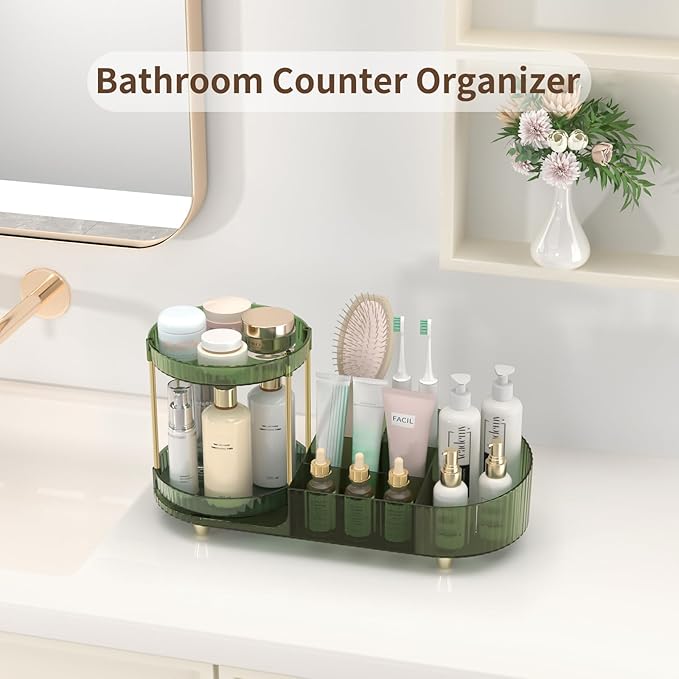 360 Rotating Makeup Organizer for Vanity, 2 Small Trays & 5 Compartments for Cosmetics, Skincare, Perfume, Lipstick & Make up Brush Holder, Bathroom Countertop Organizers and Storage for Dresser, Desk