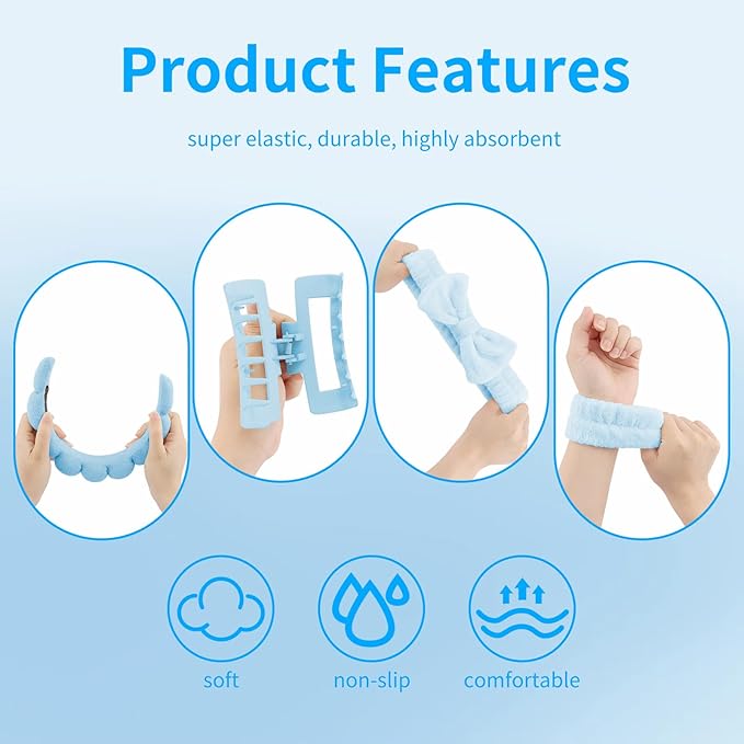 Canitor Spa Headband Wrist Bands Hair Clips Set Skincare Makeup Self Skin Care for Women Washing Face College Grandkids Clean Girl Gifts Cute Trendy Stuff Aesthetic Things Blue Stocking Stuffers