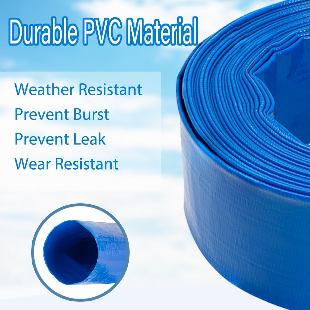 NUDAOS 2" x100 FT, Pool Backwash Hose, Heavy-Duty PVC Hose, Lay Flat Discharge Hose, Weatherproof Burst Resistant for Water Transfer, Sump Pump, Pool Filter, Pool Drain，with 2 Clamps