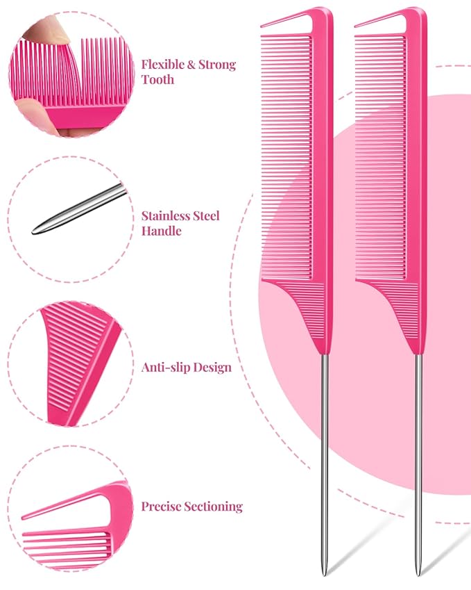 MORGLES 70Pcs No Crease Hair Roller Clips, 3 Sizes Metal Alligator Styling Clips for Sectioning, Professional Hair Styling Tools with 2Pcs Rose Pink Rat Tail Combs for Parting