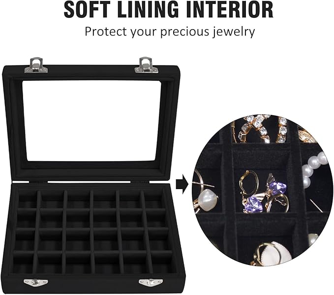 Velvet Jewelry Box 24 Grid Jewelry Ring Display Organiser Box Tray Holder Earrings Storage Case for Girls Wife Mom Women (Black)