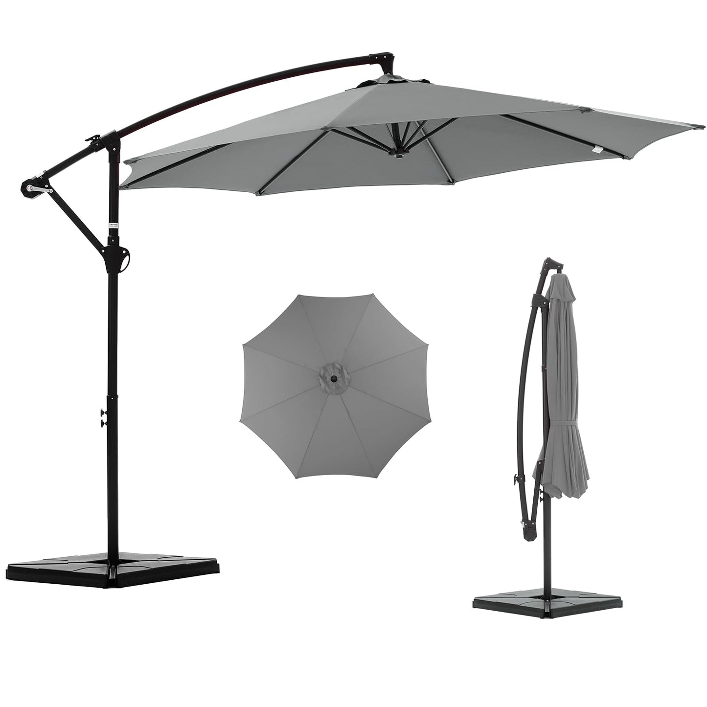 NEWBULIG 10FT Patio Umbrella with Base Included, Offset Cantilever Outdoor Patio Table Umbrella, UV Protection, Fade Resistant Fabric, Easy Tilt Adjustment for Pool, Deck, Garden, Backyard, Gray