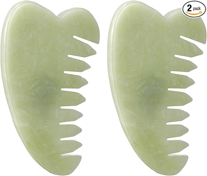 Geiserailie 2 Pcs Jade Combs Esthetician Supplies Massage Stone Hair Gua Sha Scraping Scalp Comb Facial Massage Tool Handheld Head Tools Head Caring Therapy Valentines for Women(Heart Style)