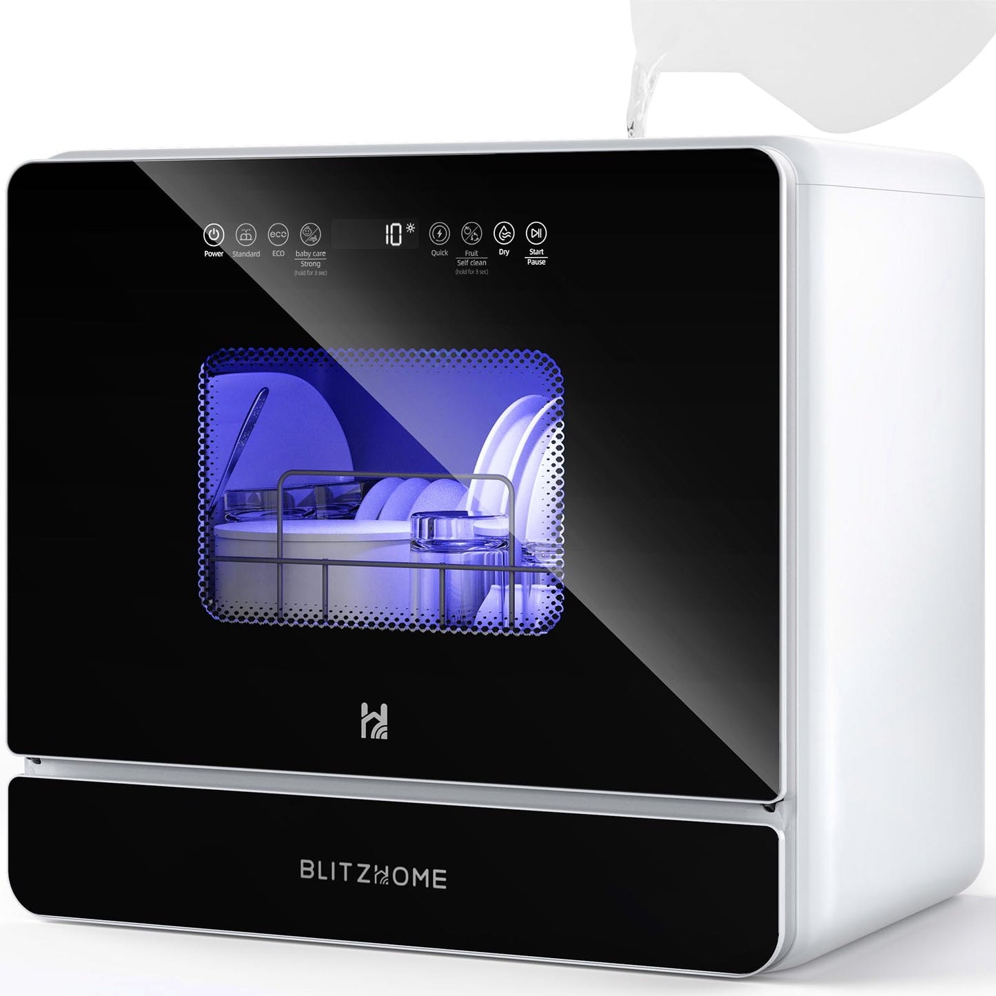 BLITZHOME Countertop Portable Mini Dishwasher, 9 Programs,167℉ High-Temp, Hot Air Drying, Air Refresh, 360° 3 Spray, 24H Timing, LED Light, 5.2L Built-in Water Tank for Apartments RVs