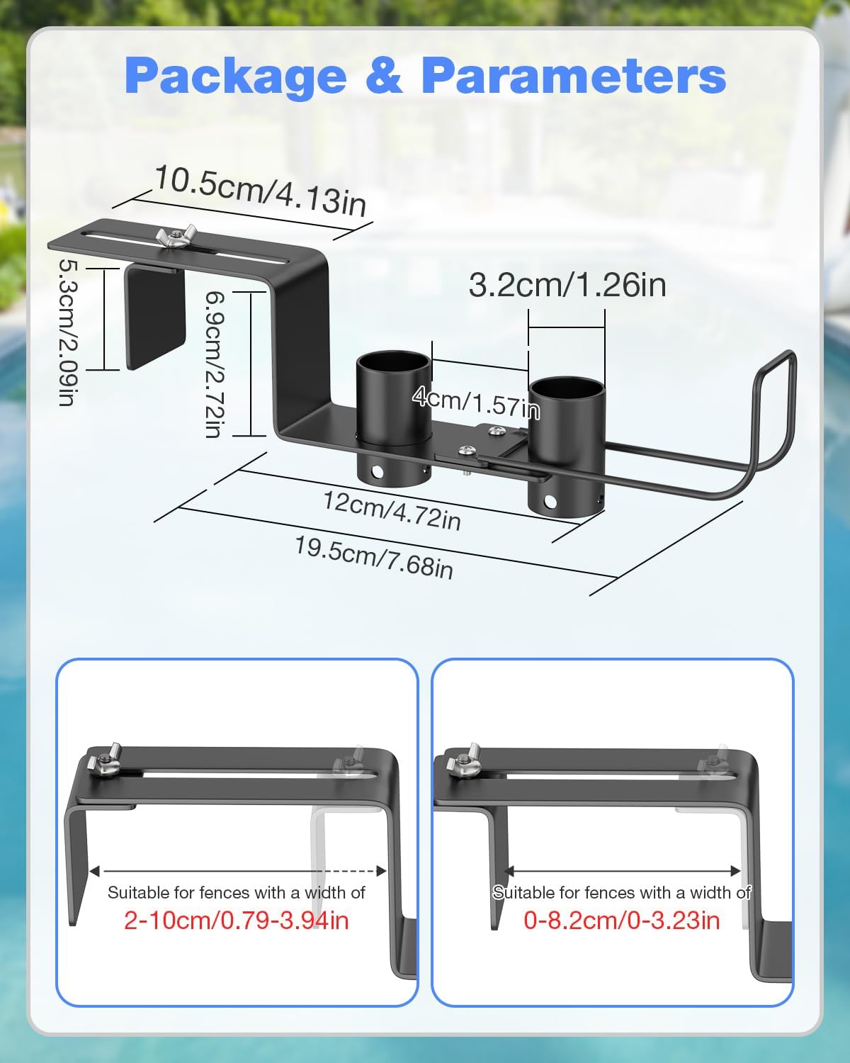 Pool Fence Hooks Adjustable, Heavy Duty Metal Hanger for Pool Equipment, Skimmers, Poles, Brushes, Vacuum Hose, Rust-resistant, no Drill, 2 Pack, Fits 0-10 cm Fences - Pool Accessories Storage