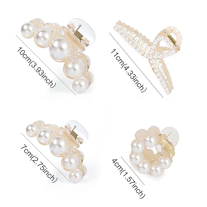 Mehayi 4 PCS Large Pearl Hair Claw Clips for Women Girls, Hair Barrette Clamps for Thick Thin Hair, Fashion Hair Accessories Headwear Styling Tools for Party Wedding