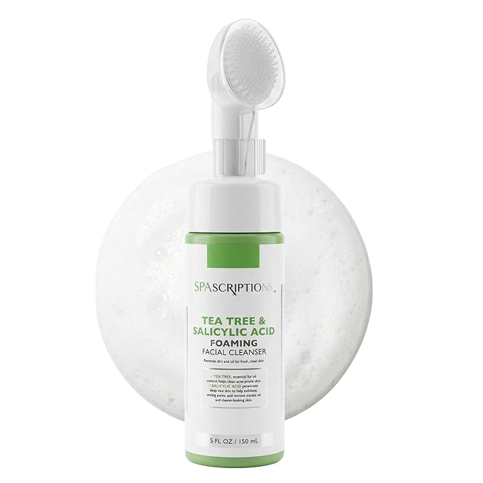 SpaScriptions 2 in 1 Cleanse & Exfoliate Foaming Facial Cleanser - Tea Tree & Salicylic Acid Face Wash with Silicone Brush for Acne & Pores with Oil Control for Daily Cleansing, All Skin Types, 5 oz