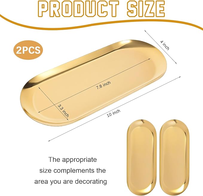 2PACK Gold Decorative Tray,Oval Stainless Steel Trays, Decorative Tray for Jewelry Dish Cosmetics Organizer Bathroom Clutter Serving Platter