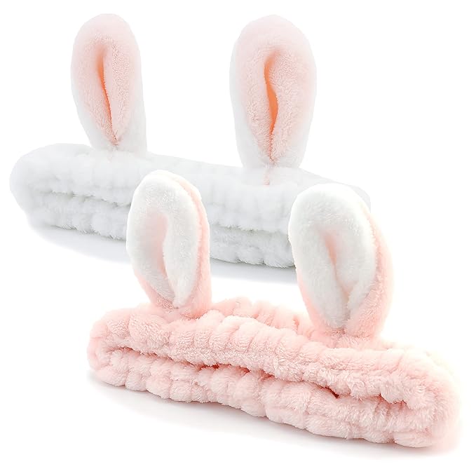 YISSION Cute Bunny Ear Spa Headband for Women and Girls - Soft Plush Makeup Headband for Face Washing, Skincare, Shower, Easter Party Favors (2 Pack, White & Pink)