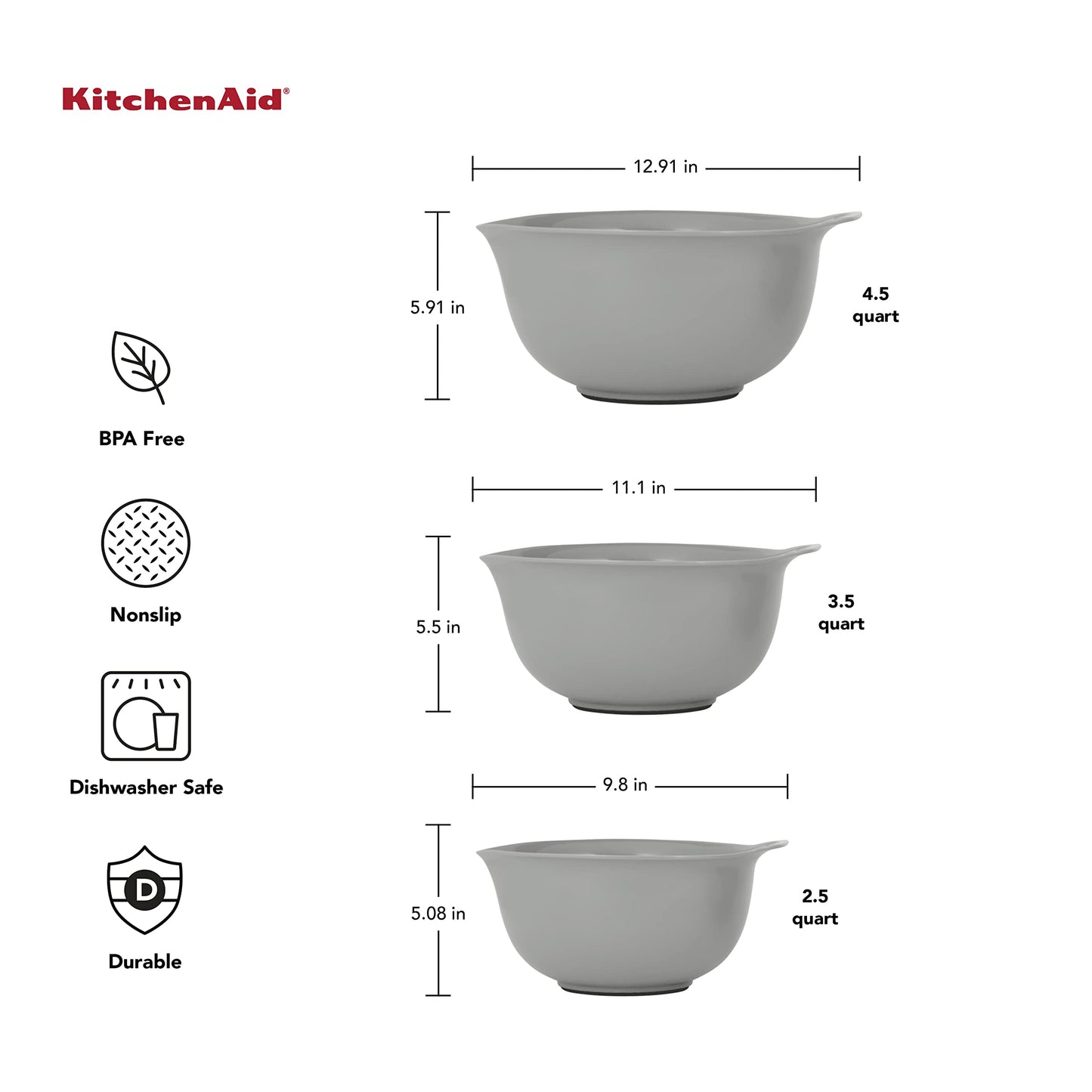 KitchenAid Universal Nesting Plastic Mixing Bowls, Set Of 3, 2.5 quart, 3.5 quart, 4.5 quart, Non Slip Base with Easy Pour Spout to Reduce Mess, Dishwasher Safe, Gray