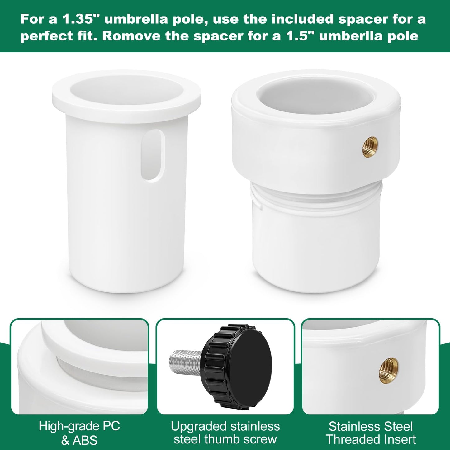 lodfGL Upgraded Pool Umbrella Pole Stabilizer Sleeve Adapter - Fit 1.5" & 1.35" Umbrellas for Waterways & AquaStar Single-Threaded Pool Deck Sleeves, Reduces Movement, White PC+ABS, 2Pack