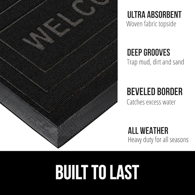 GORILLA GRIP 100% Waterproof All-Season WeatherMAX Doormat, US Designed Natural Rubber, Stain and Fade Resistant, Low Profile Indoor Outdoor Door Mats, Easy Clean Patio Mat, 17x29, Black Welcome