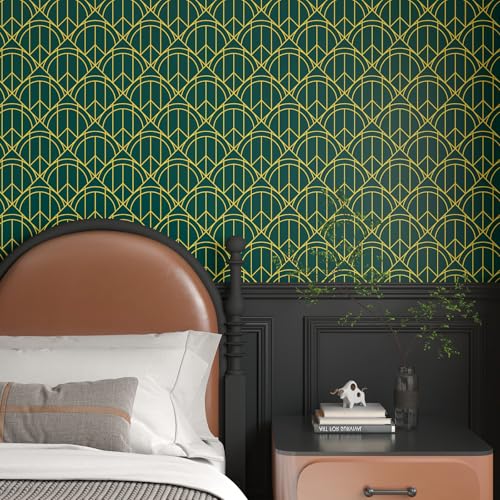 CHIHUT Teal and Gold Lines Wallpaper Peel and Stick Semicircles Triangles Geometric Shapes Wallpaper for Bedroom Living Room Wall Decor Self Adhesive Art Deco Contact Paper for Cabinets 17.7¡±x100¡±