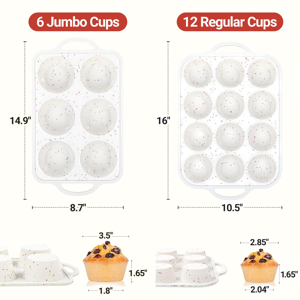 Silicone Muffin Pans for Baking, Metal Reinforced Frame Jumbo 6 Cups & Regular 12 Cups Cupcake Pan Nonstick Muffin Pan for Homemade Baking Easy to Handle
