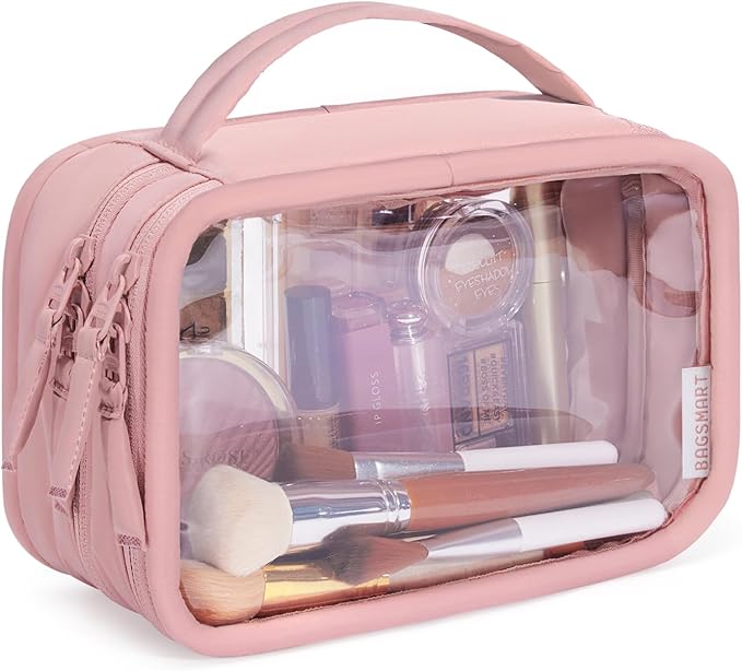 BAGSMART Double Layer Clear Makeup Bag, TSA-Approved Toiletry Bag, Large Opening with Handle, Cute Water-Resistant Travel Cosmetic Bag with Double Zipper for Car Essentials(Pink)