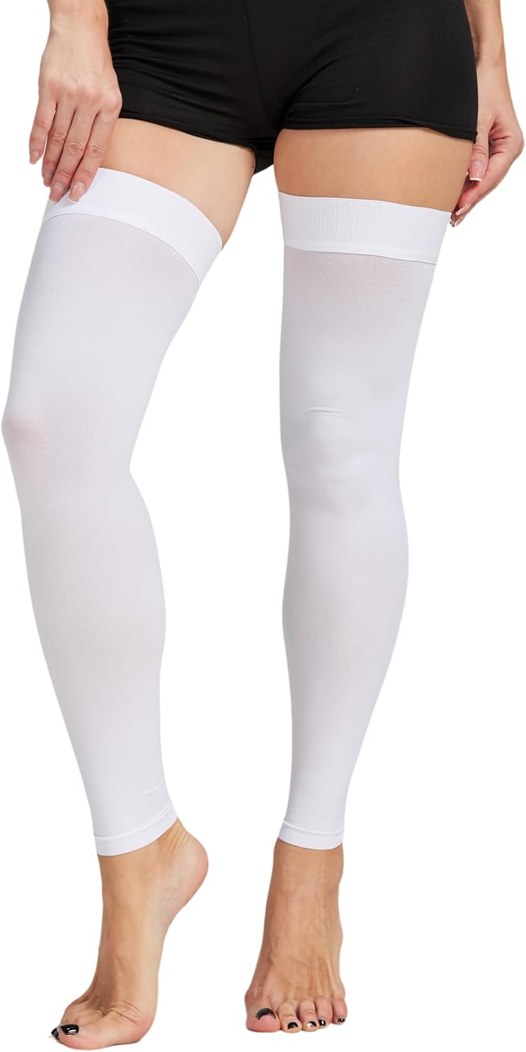 TOFLY Medical Thigh High Compression Socks Footless for Women & Men, Opaque Support Hose, 15-20mmHg Graduated Compression Stockings with Silicone Band for Varicose Veins, Edema, DVT, 1 Pair White L